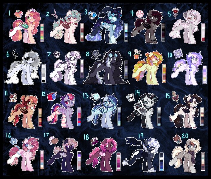 Size: 2318x1964 | Tagged: safe, artist:flixanoa, derpibooru import, oc, oc:honey, unofficial characters only, bat pony, gryphon, pegasus, pony, adoptable, adoptable open, bags under eyes, bandaid, bangs, bat pony oc, bat wings, beak, bells, big eyes, black bow, black coat, black mane, black socks, black tail, black wings, blaze (coat marking), blonde mane, blonde tail, blue coat, blue eyelashes, blue eyes, blue hooves, blue mane, blue tail, blush lines, blushing, bow, bracelet, braid, braided pigtails, brown coat, brown eyes, brown eyeshadow, brown hooves, brown wings, butt freckles, chest fluff, chest markings, choker, claws, clothes, coat markings, color palette, colored belly, colored eyelashes, colored hooves, colored pinnae, colored pupils, colored wings, colored wingtips, cream coat, cream wingtips, curly mane, curly tail, cyan eyes, ear fluff, ear piercing, ear tufts, earring, eye clipping through hair, eyebrows, eyebrows visible through hair, eyelashes, eyeshadow, facial markings, fangs, female, female oc, fetlock tuft, folded wings, for sale, freckles, frilly socks, frown, garter belt, garter straps, garters, glasses, goggles, goggles on head, gradient legs, gradient mane, gradient tail, gradient wings, gray coat, gray eyes, gray feathers, gray fur, gray hooves, gray wings, green coat, green eyes, green hooves, green mane, green tail, griffon oc, group, hair accessory, hair bow, hair ribbon, hair tie, hairpin, hat, heart, heart eyes, heterochromia, hock fluff, hockless socks, hoofless socks, hooves, image, jester, jester hat, jewelry, jpeg, lace choker, lavender coat, leonine tail, lidded eyes, light blue coat, light blue eyes, long mane, long socks, long tail, looking back, makeup, male, male oc, mane accessory, mane tie, mare, mare oc, multicolored mane, multicolored tail, no pupils, nurse hat, orange coat, orange mane, orange tail, outline, pale belly, pale coat, paws, piercing, pigtails, pink coat, pink eyeshadow, pink mane, pink tail, pink wings, pink wingtips, ponytail, purple coat, purple eyelashes, purple eyes, purple mane, purple tail, raised leg, real life background, red bow, red coat, red eyes, red hooves, red mane, red pupils, red tail, ribbon, round glasses, ruff (clothing), scarf, shiny hooves, shiny mane, shiny tail, shoulder fluff, shoulder freckles, shrunken pupils, silver hooves, slit pupils, smiling, snip (coat marking), socks, socks (coat marking), sparkles, sparkly eyes, sparkly mane, sparkly tail, spiked wristband, stallion, stallion oc, standing, standing on three hooves, striped scarf, striped socks, swirly eyes, tail, tail accessory, tail bow, tail bun, tan coat, thin tail, three quarter view, three toned mane, three toned tail, tied mane, tied tail, tongue out, two toned eyes, two toned mane, two toned tail, two toned wings, wall of tags, wavy mane, wavy tail, white coat, white eyelashes, white eyeshadow, white hair, white hooves, white pupils, white socks, white tail, white wings, wing claws, wing freckles, wingding eyes, wings, witch hat, wristband