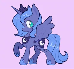 Size: 2048x1914 | Tagged: safe, artist:alexbeeza, derpibooru import, princess luna, alicorn, pony, g4, blue coat, blue mane, blue tail, colored, crown, cute, eyelashes, female, flat colors, hoof shoes, horn, image, jewelry, jpeg, lavender background, looking back, lunabetes, mare, no pupils, peytral, princess shoes, profile, purple background, raised hoof, regalia, s1 luna, shiny mane, shiny tail, short mane, simple background, smiling, solo, spread wings, standing on three hooves, tail, teal eyes, unicorn horn, wings