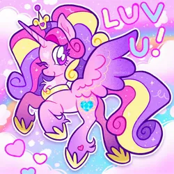 Size: 2048x2048 | Tagged: safe, artist:alexbeeza, derpibooru import, princess cadance, alicorn, pony, g4, abstract background, alternate design, alternate hairstyle, chest fluff, coat markings, colored belly, colored eyelashes, colored horntip, colored wings, colored wingtips, crown, curly mane, curly tail, cute, cutedance, eye clipping through hair, eyebrows, eyebrows visible through hair, eyeshadow, facial markings, female, fetlock tuft, floating crown, floating heart, flying, gradient background, gradient horn, gradient legs, gradient wings, heart, heart mark, high res, hoof shoes, horn, image, jewelry, jpeg, leg markings, long mane, long tail, looking back, makeup, mare, neck markings, one eye closed, outline, pale belly, peytral, pink coat, ponytail, princess shoes, purple eyelashes, purple eyes, purple wingtips, rainbow background, rainbow text, regalia, shiny eyes, shiny mane, shiny tail, signature, sky background, smiling, solo, sparkles, sparkly mane, sparkly tail, spots, spread wings, star (coat marking), striped wings, tail, three quarter view, three toned mane, three toned tail, tied mane, turned head, unicorn horn, wing markings, wings, wink, yellow eyeshadow