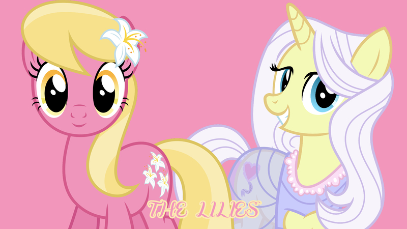 Size: 1920x1080 | Tagged: safe, artist:cheezedoodle96, artist:dashiesparkle edit, derpibooru import, edit, editor:jaredking779, lily, lily lace, lily valley, earth pony, pony, unicorn, g4, clothes, duo, duo female, female, flower, flower in hair, horn, image, jpeg, looking at you, mare, pink background, see-through, simple background, smiling