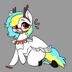 Size: 1500x1500 | Tagged: safe, artist:octanez, derpibooru import, oc, oc:alpine needle, pegasus, amputee, antlers, christmas, clothes, costume, face paint, gray background, harness, holiday, image, jingle bells, lying down, paint marker, pegasus oc, png, prosthetic limb, prosthetics, red nose, reindeer antlers, simple background, tack, wings