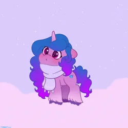 Size: 2480x2480 | Tagged: safe, artist:starburstuwu, derpibooru import, izzy moonbow, pony, unicorn, g5, blushing, clothes, cute, female, high res, horn, image, izzybetes, jpeg, looking up, mare, scarf, snow, snowfall, solo