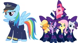 Size: 2560x1412 | Tagged: safe, derpibooru import, applejack, fluttershy, pinkie pie, rainbow dash, rarity, twilight sparkle, g4, the mysterious mare do well, air force, clothes, image, mane six, mare do well costume, military uniform, my little pony, png, uniform