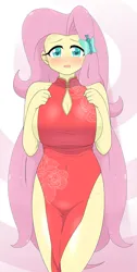 Size: 2239x4435 | Tagged: suggestive, artist:batipin, derpibooru import, fluttershy, human, equestria girls, g4, big breasts, blushing, braless, breasts, busty fluttershy, cheongsam, cleavage, clothes, dress, female, huge breasts, image, no underwear, png, solo, solo female