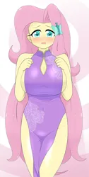 Size: 2239x4435 | Tagged: suggestive, artist:batipin, derpibooru import, fluttershy, human, equestria girls, g4, alternate clothes, big breasts, blushing, braless, breasts, busty fluttershy, cheongsam, cleavage, clothes, dress, female, huge breasts, image, no underwear, png, solo, solo female