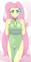 Size: 2239x4435 | Tagged: suggestive, alternate version, artist:batipin, derpibooru import, fluttershy, human, equestria girls, g4, alternate clothes, big breasts, blushing, braless, breasts, busty fluttershy, cheongsam, cleavage, clothes, dress, female, huge breasts, image, looking at you, no underwear, open mouth, open smile, png, smiling, smiling at you, solo, solo female