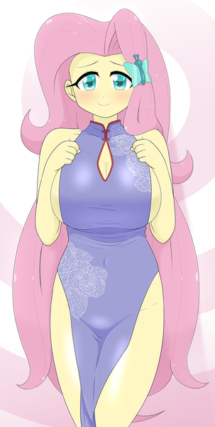 Size: 2239x4435 | Tagged: suggestive, alternate version, artist:batipin, derpibooru import, fluttershy, human, equestria girls, g4, alternate clothes, big breasts, blushing, braless, breasts, busty fluttershy, cheongsam, cleavage, clothes, dress, female, huge breasts, image, looking at you, no underwear, open mouth, open smile, png, smiling, smiling at you, solo, solo female