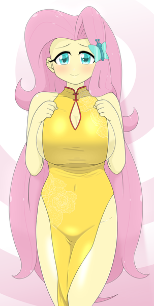 Size: 2239x4435 | Tagged: suggestive, alternate version, artist:batipin, derpibooru import, fluttershy, human, equestria girls, g4, alternate clothes, big breasts, blushing, braless, breasts, busty fluttershy, cheongsam, cleavage, clothes, dress, female, huge breasts, image, looking at you, no underwear, open mouth, open smile, png, smiling, smiling at you, solo, solo female