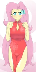 Size: 2239x4435 | Tagged: suggestive, alternate version, artist:batipin, derpibooru import, fluttershy, human, equestria girls, g4, alternate clothes, big breasts, blushing, braless, breasts, busty fluttershy, cheongsam, cleavage, clothes, dress, female, huge breasts, image, looking at you, no underwear, open mouth, open smile, png, smiling, smiling at you, solo, solo female