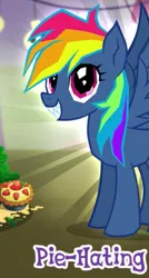 Size: 379x708 | Tagged: safe, derpibooru import, rainbow dash, pegasus, pony, g4, secrets and pies, adorabolical, adorapiehater, cropped, cute, english, evil pie hater dash, face of mercy, fangs, female, food, gameloft, image, mare, meme, my little pony, pie, png, smiling, solo, spread wings, text, when she smiles, wings, wow! glimmer