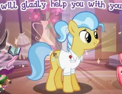 Size: 443x342 | Tagged: safe, derpibooru import, doctor fauna, earth pony, pony, g4, cropped, english, female, gameloft, image, mare, meme, png, smiling, solo, text, wow! glimmer