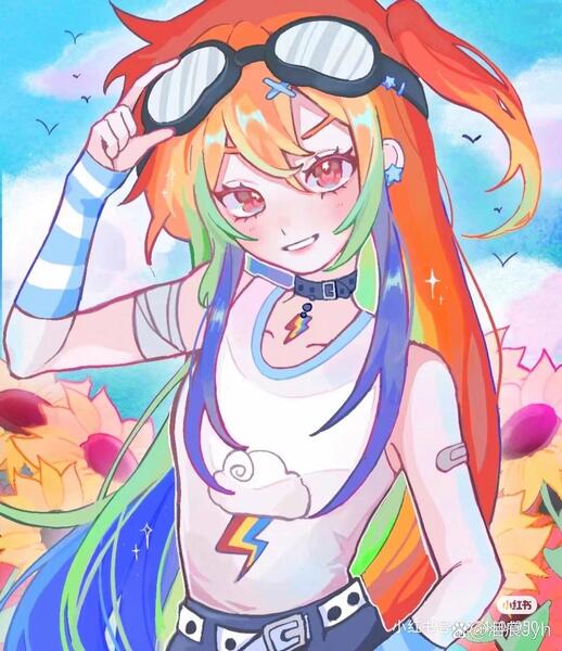 Size: 1080x1251 | Tagged: artist needed, source needed, useless source url, safe, derpibooru import, rainbow dash, human, g4, choker, goggles, goggles on head, humanized, image, jpeg, outdoors