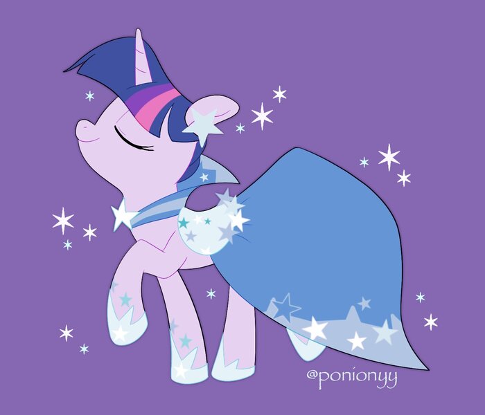 Size: 1400x1200 | Tagged: safe, artist:sion, derpibooru import, twilight sparkle, pony, unicorn, g4, clothes, dress, ear piercing, earring, female, gala dress, horn, image, jewelry, jpeg, mare, nose in the air, piercing, purple background, signature, simple background, smiling, solo, sparkles, standing on two hooves, unicorn twilight