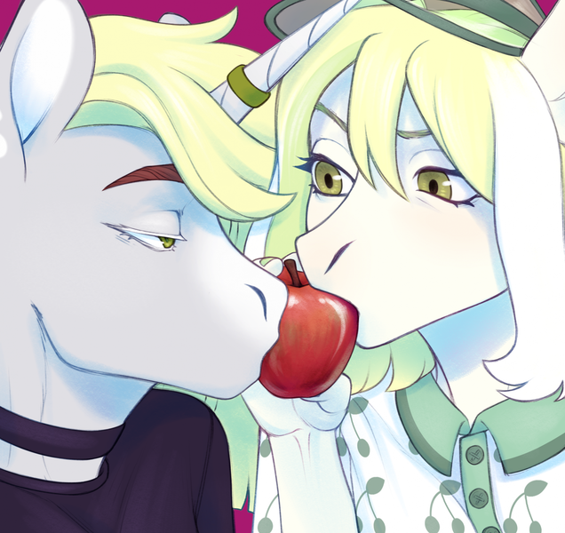 Size: 1976x1865 | Tagged: safe, artist:deadash, derpibooru import, oc, unofficial characters only, anthro, unicorn, apple, biting, bust, clothes, duo, food, horn, horn ring, image, jewelry, looking at each other, looking at someone, oc x oc, png, portrait, ring, sharing food, shipping