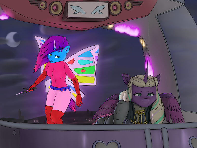 Size: 1440x1080 | Tagged: safe, artist:parronist, derpibooru import, ponified, alicorn, anthro, pony, unicorn, g5, batman begins, butterfly wings, catwoman, cut in half, dc comics, duo, female, horn, image, marestream, misty brightdawn, opaline arcana, png, ra's al ghul, sad, story included, wings