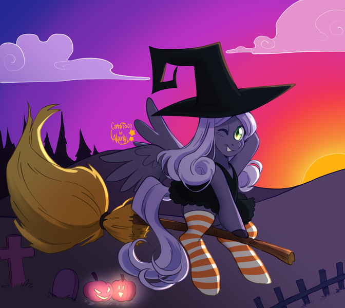 Size: 2800x2500 | Tagged: safe, artist:akaunkel, derpibooru import, oc, oc:arpeggio pegasus, unofficial characters only, pegasus, pony, broom, clothes, costume, gradient background, gravestone, green eyes, halloween, halloween 2024, halloween costume, hat, hill, holiday, hooves, image, looking at you, one eye closed, pegasus oc, png, pumpkin, skirt, smiling, smiling at you, socks, striped socks, sunset, tree, wings, witch, witch hat