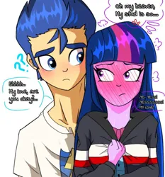 Size: 735x787 | Tagged: safe, artist:paracetamolnavo30, derpibooru import, flash sentry, twilight sparkle, human, equestria girls, g4, blushing, female, flashlight, image, jpeg, male, shipping, straight