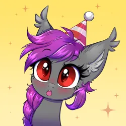 Size: 3000x3000 | Tagged: safe, artist:confetticakez, derpibooru import, oc, oc:andromeda aurora, unofficial characters only, bat pony, pony, bat pony oc, bat wings, blushing, bust, ear fluff, ear tufts, eyebrows, eyebrows visible through hair, female, gradient background, hat, high res, image, mare, open mouth, party hat, png, portrait, solo, sparkles, sparkly eyes, wingding eyes, wings