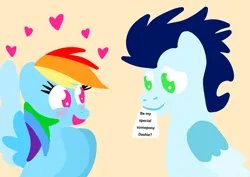 Size: 2602x1847 | Tagged: safe, anonymous artist, derpibooru import, rainbow dash, soarin', pegasus, pony, series:soarindash romantic tales, blushing, derpibooru exclusive, female, happy, heart, image, in love, lineless, looking at each other, looking at someone, male, mare, png, shipping, smiling, soarindash, stallion, straight