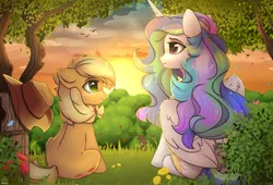 Size: 2200x1500 | Tagged: safe, artist:radioaxi, artist:reterica, derpibooru import, applejack, princess celestia, alicorn, bird, butterfly, earth pony, insect, pony, g4, applejack's hat, cloud, commission, cowboy hat, cute, cutelestia, duo, duo female, female, flower, grass, hat, image, jackabetes, mare, outdoors, png, scenery, sitting, sky, sun, sunset, tree