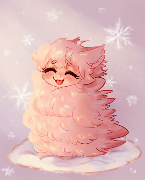 Size: 2056x2551 | Tagged: safe, artist:polnocnykot, derpibooru import, oc, oc:fluffle puff, earth pony, pony, blushing, chest fluff, cute, ear fluff, eyes closed, fluffy, image, jpeg, open mouth, open smile, smiling, snow, snowfall, snowflake, solo, wind, winter