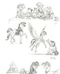 Size: 1150x1400 | Tagged: safe, artist:baron engel, derpibooru import, apple bloom, applejack, big macintosh, granny smith, pinkie pie, rainbow dash, rarity, scootaloo, oc, oc:stone mane (baron engel), earth pony, pegasus, pony, unicorn, g4, apple family, apple siblings, apple sisters, brother and sister, female, horn, image, jpeg, male, monochrome, pencil drawing, siblings, sisters, traditional art