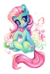 Size: 1032x1500 | Tagged: safe, artist:maytee, derpibooru import, minty, earth pony, pony, g3, colored pencil drawing, image, long mane, png, simple background, sitting, solo, traditional art, white background