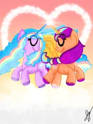 Size: 1620x2160 | Tagged: safe, artist:jesslmc16, derpibooru import, izzy moonbow, sunny starscout, alicorn, pony, g5, my little pony: a new generation, alicornified, cloud, duo, duo female, female, flying, gradient background, heart, horn, image, izzy rainbow, izzycorn, lesbian, mane stripe sunny, mare, png, race swap, ship:moonscout, shipping, sunnycorn, wings