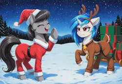 Size: 1824x1248 | Tagged: safe, ai content, derpibooru import, generator:zoinksnoob, octavia melody, vinyl scratch, earth pony, pony, unicorn, g4, ai composition, amused, angry, animal costume, antlers, bell, belt, chest fluff, christmas, clothes, costume, duo, duo female, ear fluff, eyes closed, female, fluffy tail, frown, full body, gritted teeth, hat, holiday, horn, i can't believe it's not the-butch-x, image, laughing, lidded eyes, looking at someone, mare, mountain, mountain range, night, night sky, nose wrinkle, octavia is amused, open mouth, open smile, outdoors, png, present, prompter:tyto4tme4l, raised hoof, red eyes, reindeer antlers, reindeer costume, santa costume, santa hat, sky, sleigh, smiling, snow, snowfall, tail, teeth, tree, unamused, underhoof, vinyl scratch is not amused, winter