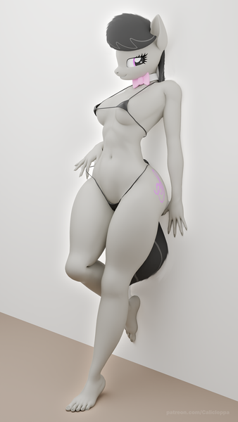 Size: 1080x1920 | Tagged: suggestive, artist:calicloppa, derpibooru import, octavia melody, anthro, plantigrade anthro, g4, 3d, belly, belly button, bikini, bikini pull, blender, bowtie, breasts, clothes, feet, female, image, indoors, looking at you, micro bikini, my little pony, nipples, nudity, octavia's bowtie, png, smiling, smiling at you, solo, solo female, standing, swimsuit, thighs, wide hips