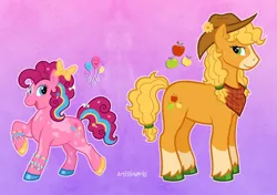 Size: 1280x900 | Tagged: safe, artist:artisticwerks, derpibooru import, applejack, pinkie pie, earth pony, pony, g4, bandana, bow, bracelet, coat markings, colored hooves, cowboy hat, cutie mark, duo, facial markings, female, hair bow, hat, hooves, image, jewelry, jpeg, mare, mealy mouth (coat marking), redesign, socks (coat marking), unshorn fetlocks