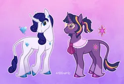 Size: 1280x871 | Tagged: safe, artist:artisticwerks, derpibooru import, rarity, twilight sparkle, twilight sparkle (alicorn), alicorn, pony, unicorn, g4, clothes, coat markings, colored hooves, curved horn, cutie mark, duo, facial markings, female, glasses, hooves, horn, image, jewelry, jpeg, leonine tail, looking at you, mare, mealy mouth (coat marking), necklace, ponytail, redesign, scarf, shawl, socks (coat marking), tail, unshorn fetlocks