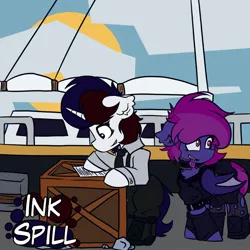 Size: 1000x1000 | Tagged: safe, artist:kranonetwork, derpibooru import, oc, oc:ink spill, oc:presh, bat pony, unicorn, abstract background, boat, crate, goth, horn, image, jpeg, paper, paperwork, sailboat