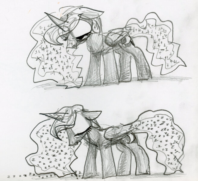 Size: 3278x3000 | Tagged: safe, artist:ja0822ck, derpibooru import, princess luna, alicorn, pony, g4, female, image, jpeg, mare, onomatopoeia, sketch, sleeping, sleepy, sound effects, traditional art, zzz