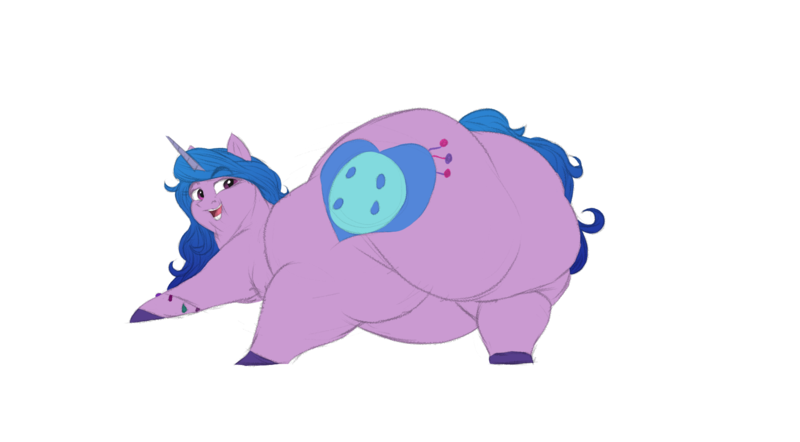 Size: 1796x992 | Tagged: questionable, artist:astr0zone, artist:polofastter, derpibooru import, izzy moonbow, pony, unicorn, g5, butt, duo, duo female, fat, female, heart, horn, huge butt, image, izzy moonblob, large butt, looking back, mare, obese, open mouth, open smile, plot, png, simple background, sketch, smiling, the ass was fat, unshorn fetlocks