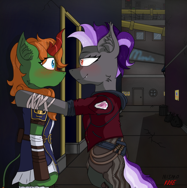 Size: 965x970 | Tagged: safe, artist:nismorose, derpibooru import, allie way, neon lights, rising star, oc, oc:belldrums, oc:emerald pyre, bat pony, kirin, g4, arcane, background, blushing, building, cheek fluff, clothes, crossover, dirty, door, ear fluff, fangs, female, image, jacket, lesbian, lights, pinned, png, smiling, smirk, standing on two hooves, wanted poster, wide eyes