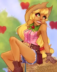 Size: 1717x2146 | Tagged: safe, artist:iffyisjustice, derpibooru import, applejack, human, g4, apple, apple tree, belt, book, boots, clothes, denim, denim shorts, female, food, gloves, grin, hay bale, humanized, image, png, pony coloring, shirt, shoes, shorts, sleeveless, sleeveless shirt, smiling, solo, straw in mouth, tree