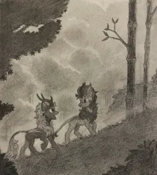 Size: 1790x1996 | Tagged: safe, artist:bluefeathercat, derpibooru import, kirin, duo, image, jpeg, looking at each other, looking at someone, monochrome, pencil drawing, smiling, traditional art, walking