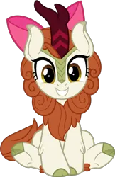 Size: 6493x10000 | Tagged: safe, edit, ponerpics import, autumn blaze, kirin, pony, sounds of silence, apple bloom's bow, awwtumn blaze, bow, chest fluff, cloven hooves, cute, female, grin, hair bow, hnnng, image, kirinbetes, leg fluff, looking at you, mare, png, simple background, sitting, smiling, solo, squee, transparent background, underhoof, vector, weapons-grade cute