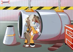 Size: 2500x1782 | Tagged: safe, artist:trackheadtherobopony, derpibooru import, oc, pegasus, semi-anthro, hangar, image, jet engine, png, repair, solo, wrench