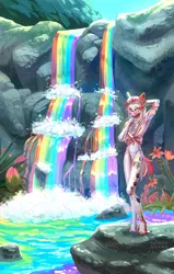 Size: 2597x4096 | Tagged: safe, artist:teaflower300, derpibooru import, oc, unofficial characters only, anthro, unguligrade anthro, image, jpeg, rainbow waterfall, solo