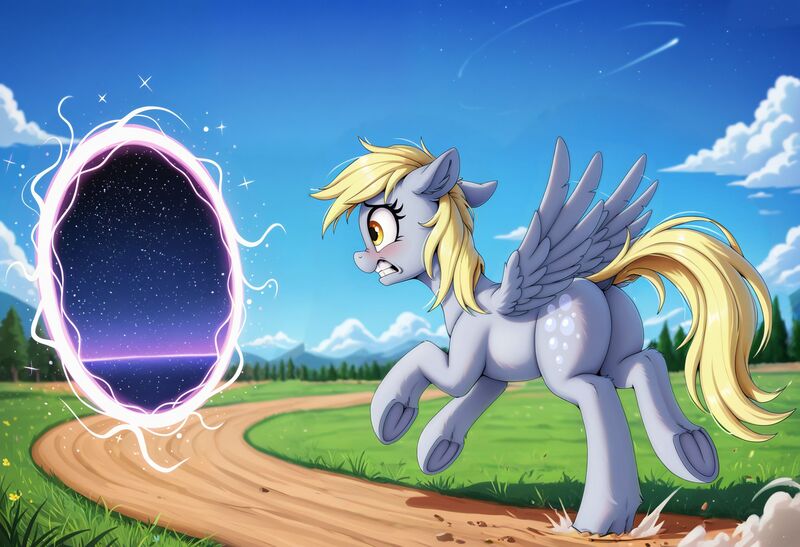 Size: 2432x1664 | Tagged: safe, ai content, derpibooru import, generator:zoinksnoob, machine learning generated, derpy hooves, pegasus, pony, g4, derpibooru exclusive, female, image, jpeg, mare, portal, prompter:siber, running, scared, solo