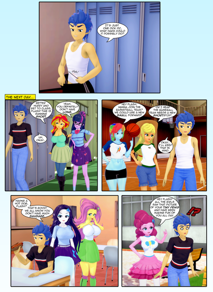 Size: 3400x4648 | Tagged: questionable, artist:misunderstoodsecrets, derpibooru import, applejack, flash sentry, fluttershy, pinkie pie, rainbow dash, rarity, sci-twi, sunset shimmer, twilight sparkle, human, equestria girls, g4, 3d, basketball, cafeteria, canterlot high, clothes, comic, food, gym, hot dog, humane five, humane seven, humane six, humiliation, image, implied dick pic, implied penis, implied small penis, koikatsu, lockers, meat, png, sausage, short shirt, shorts, skirt, small penis humiliation, sports, tanktop, teasing