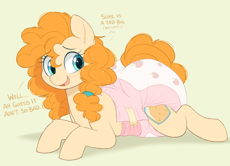 Size: 2057x1486 | Tagged: suggestive, artist:shuphle, derpibooru import, pear butter, earth pony, pony, blushing, diaper, diaper fetish, female, fetish, image, lying down, mare, open mouth, open smile, png, poofy diaper, prone, simple background, smiling, solo