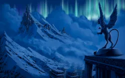 Size: 1920x1199 | Tagged: safe, alternate version, artist:moe, derpibooru import, gryphon, aurora borealis, city, cloud, cloudy, detailed background, image, mountain, night, no pony, outdoors, png, rearing, scenery, scenery porn, sky, snow, statue, wallpaper