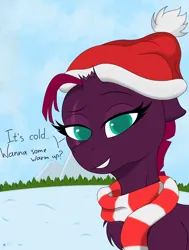 Size: 3100x4100 | Tagged: safe, artist:anix_space, derpibooru import, tempest shadow, pony, unicorn, g4, broken horn, bust, clothes, female, hat, horn, image, mare, png, portrait, scarf, solo, text, winter