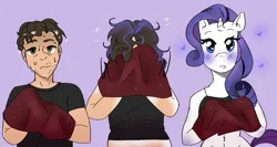 Size: 1769x940 | Tagged: safe, artist:mudakura, derpibooru import, rarity, anthro, human, g4, clothes, dazed, female, heart, heart eyes, human to anthro, image, male, png, towel, transformation, transformation sequence, transforming clothes, transgender transformation, wingding eyes, wiping