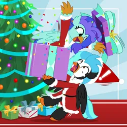 Size: 5000x5000 | Tagged: safe, artist:jhayarr23, derpibooru import, oc, oc:icebeak, oc:sea lilly, unofficial characters only, classical hippogriff, hippogriff, christmas, christmas tree, clothes, commission, costume, exclamation point, hat, holiday, image, ornament, png, present, santa costume, santa hat, surprised, tree, ych result