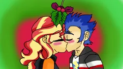 Size: 1920x1080 | Tagged: safe, artist:vanillawaffer3000, derpibooru import, flash sentry, sunset shimmer, equestria girls, g4, female, flashimmer, image, jpeg, kissing, male, mistletoe, shipping, straight