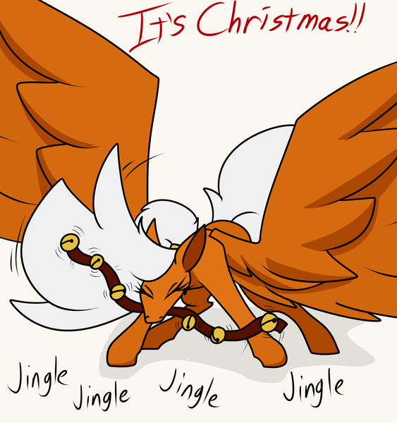 Size: 3000x3200 | Tagged: safe, artist:drog, derpibooru import, oc, oc:orange cream, pegasus, pony, g4, bells, christmas, eyes closed, holiday, image, jingle bells, large wings, mouth hold, my little pony, onomatopoeia, png, shaking, solo, spread wings, wings